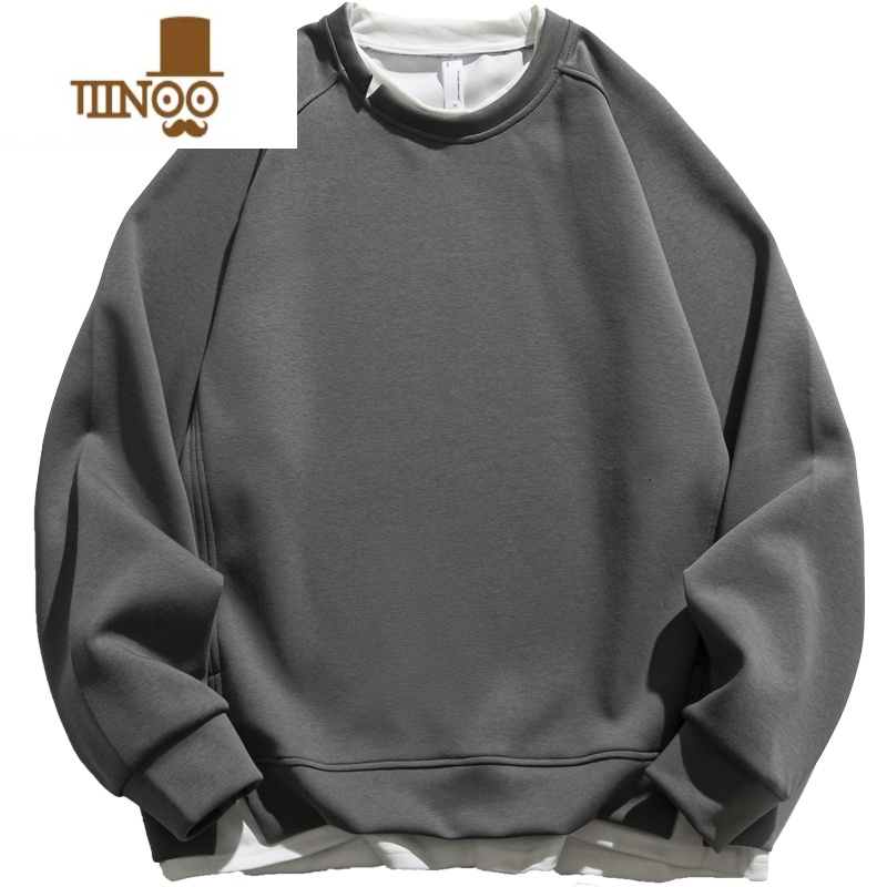 YANXU潮牌复古纯色假拼接圆领卫衣男街头宽松潮流百搭上纯高清大图