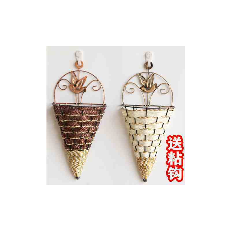 创意壁挂墙挂花篮吊篮藤编挂壁垂吊干花小挂篮墙壁装饰花盆铁艺篮|三角花篮3个价格（颜色随机发）