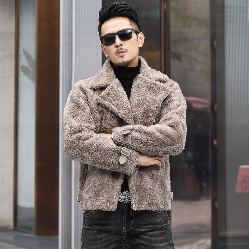 斯哲维世旗舰店品牌羊剪绒男机车短款夹克羊羔毛皮草潮流皮毛一体外套