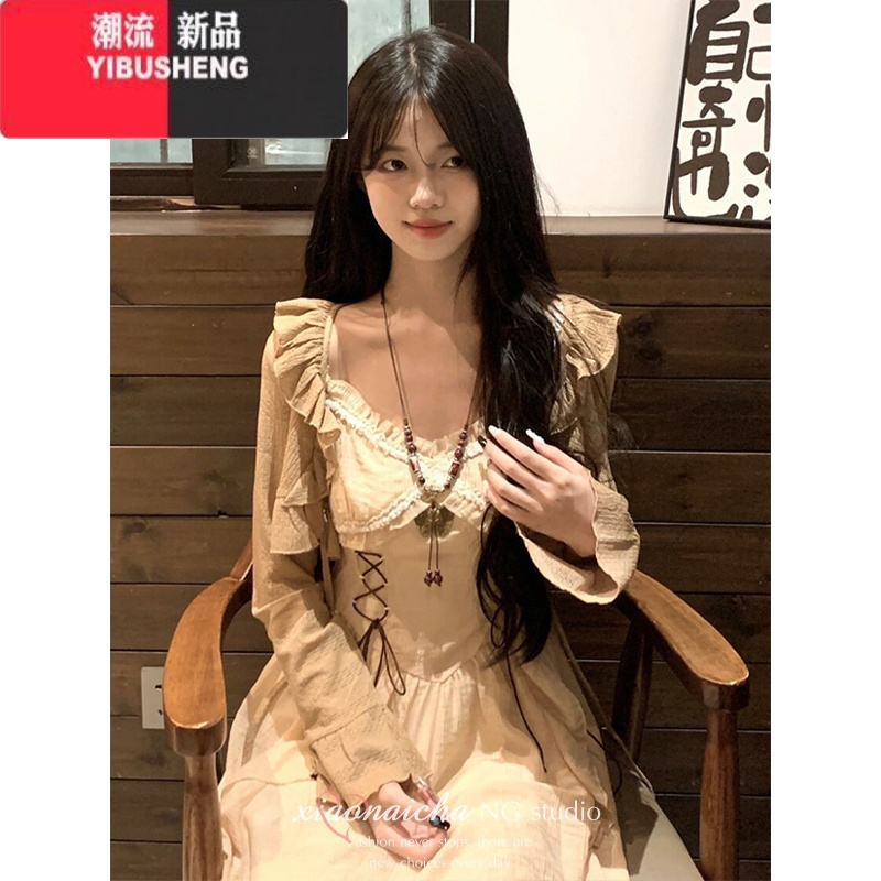 YIBUSHENG波西米亚复古风吊带连衣裙女季设计感小众海边度假沙滩收腰长裙