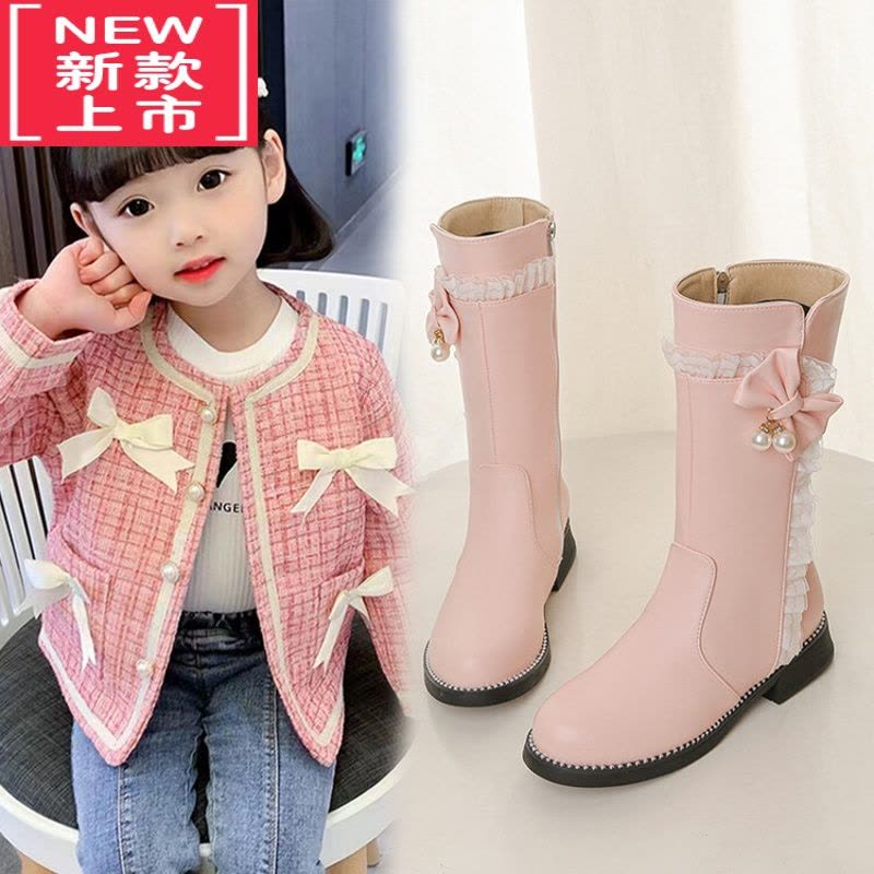 可莉允女童靴子中筒靴冬款儿童公主靴蝴蝶结加绒小女孩皮靴棉靴春秋单靴图片