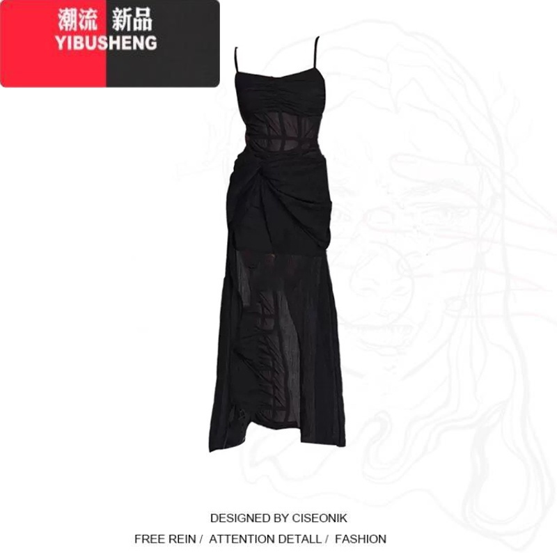 YIBUSHENG大码胖mm高级感复古黑色连衣裙女纯欲性感网纱气质显瘦吊带裙子潮