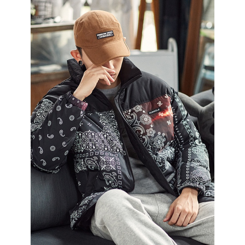 唐狮冬季新款羽绒服男立领腰果花加厚保暖羽绒服男士外套百搭