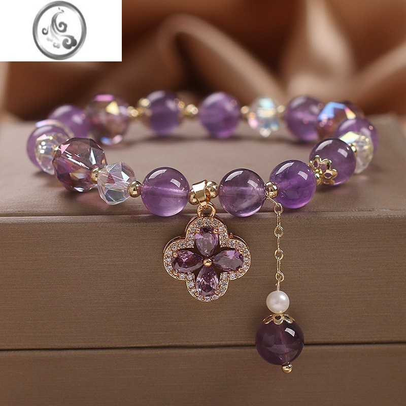 jimi优雅紫水晶手链女轻奢复古四叶草吊坠手串手环闺蜜姐妹链饰品