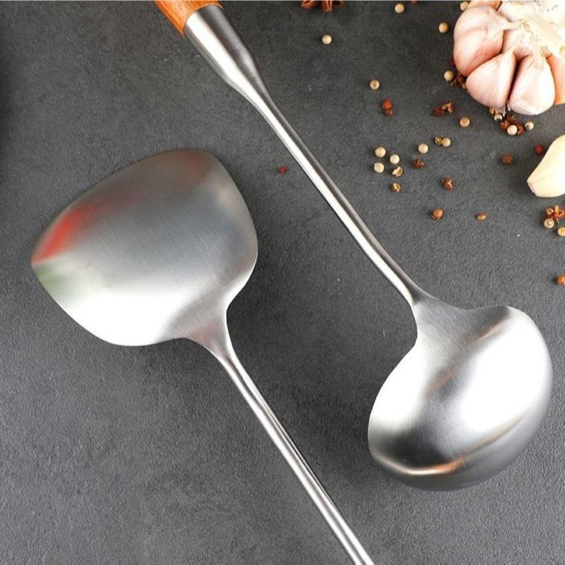 手柄欧乐多锅铲304不锈钢炒铲汤勺木质手柄隔热平铲长柄家用炒菜铲子