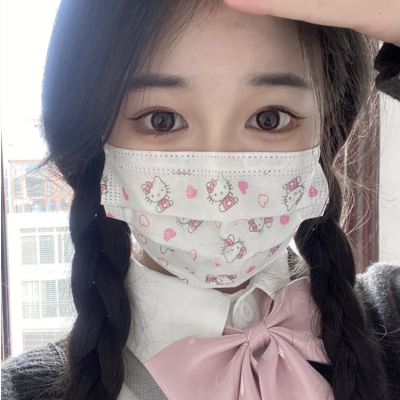 超可爱hellokitty口罩三层防护口罩卡通潮牌口罩女白色印花凯蒂猫