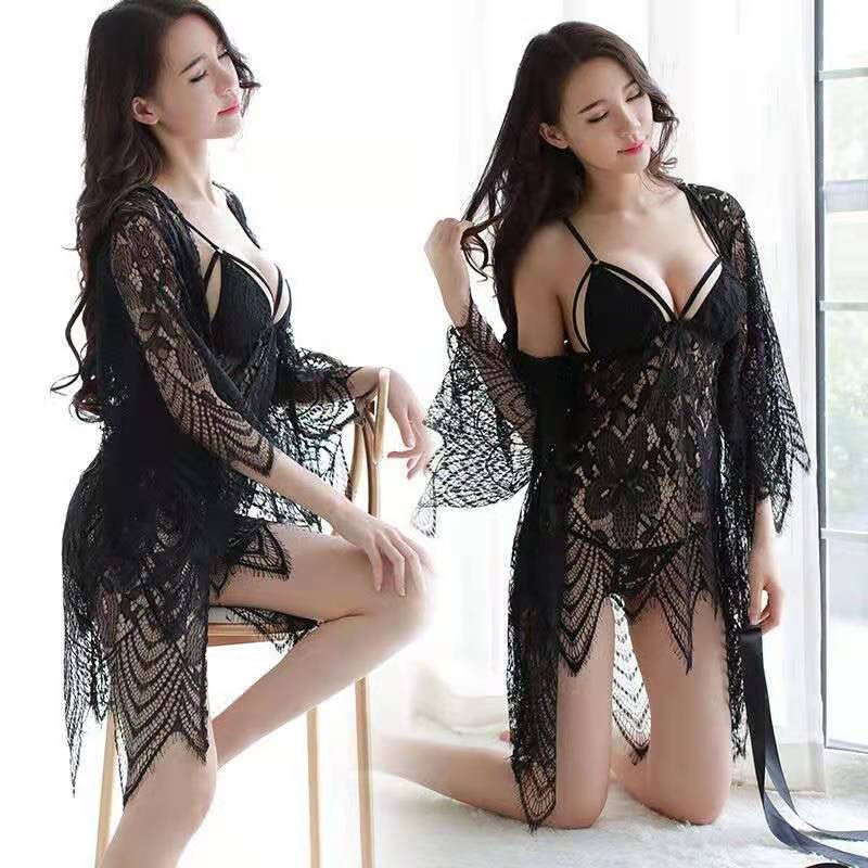 长夜漫漫女式情趣睡衣套装女士情趣内衣夫妻双人内裤情侣三点式比基尼吊带仙女裙连体衣破洞渔网丝袜性感开档露乳透明免脱成人用品 黑色外套+吊带裙 均码