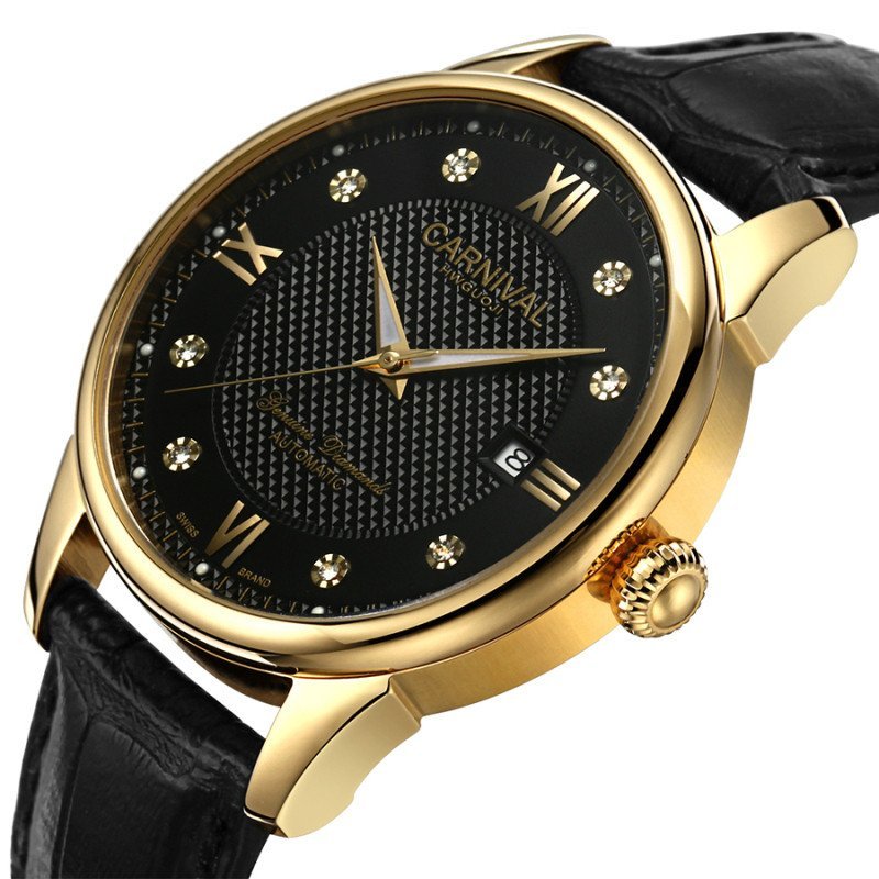 瑞士嘉年华CARNIVAL男表 全自动机械表 男士背透夜光防水手表 商务时尚休闲镶水钻腕表 机械表精钢表带8605-KH 黑皮金色黑面
