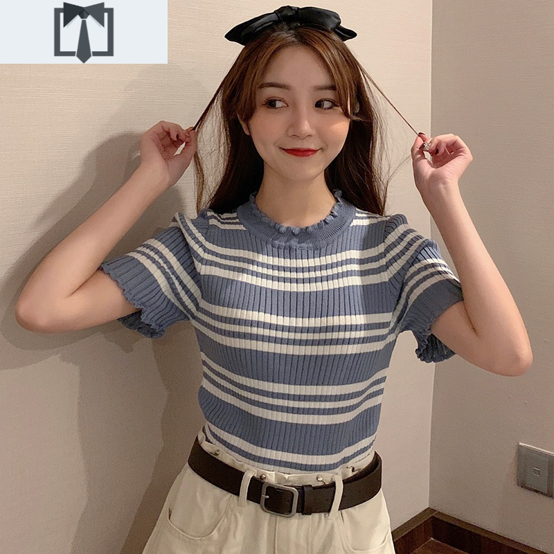 SUNTEK冰丝针织衫女短袖夏季薄款百搭修身紧身短款条纹木耳边t恤上衣潮毛衣