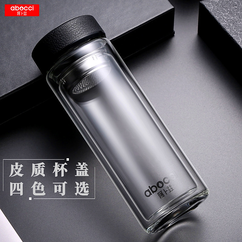 阿卜兹(abocci)双层玻璃杯透明加厚水晶杯男女士便携创意水杯带盖过滤办公泡茶广告杯杯定制印字logo