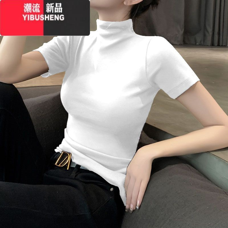 YIBUSHENG黑色短袖t恤女莫代尔半高领打底衫内搭春季气质薄款半袖上衣潮