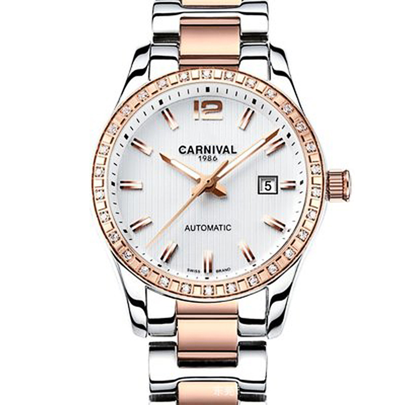 瑞士嘉年华Carnival手表新款全自动机械表 女表时尚钢带潮流夜光防水女士镂空水钻名表时装腕表魅力玫金8685