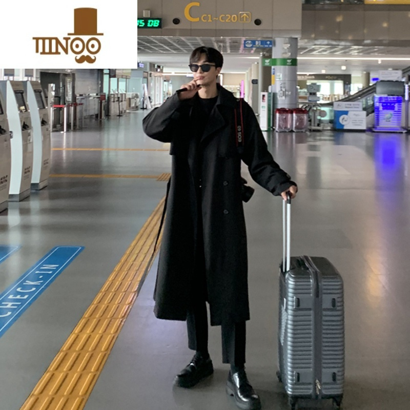 YANXU风衣男中长款韩版潮流英伦风男士感卡其色过膝款大衣外套