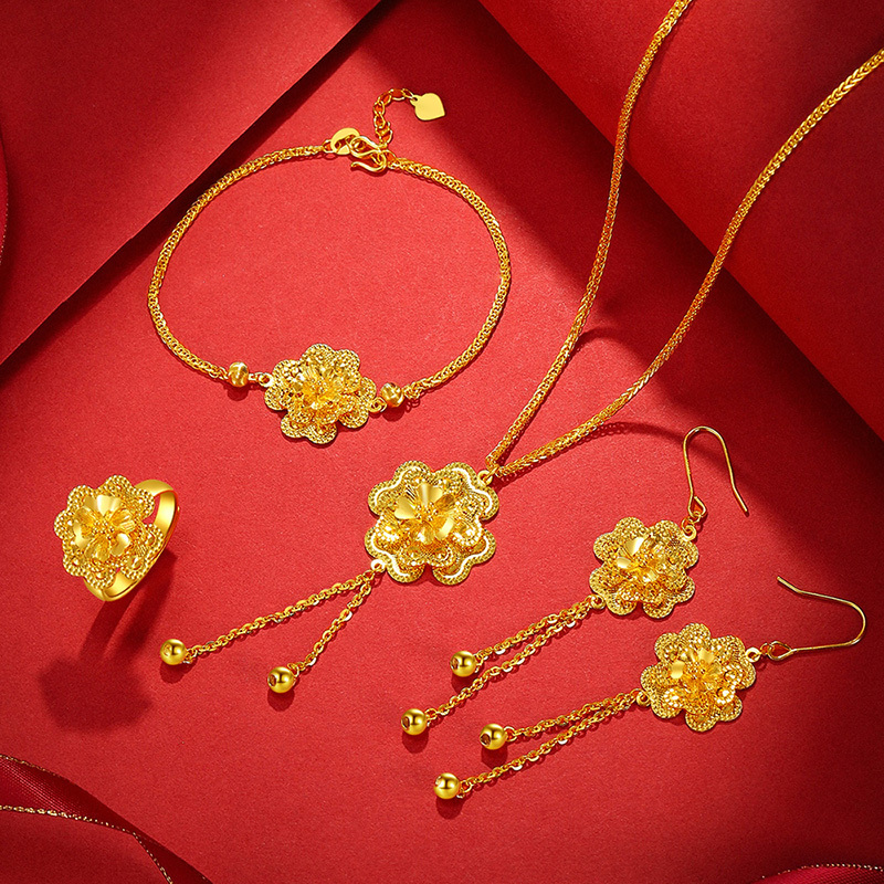 老庙黄金 足金第五代新工艺幸福婚嫁系列牡丹花黄金手链女/戒指/耳环