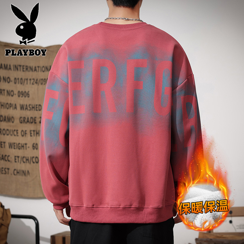 花花公子新款高品质加绒卫衣男2025秋冬新款圆领卫衣男宽松潮牌字母印花上衣圆领款潮高清大图