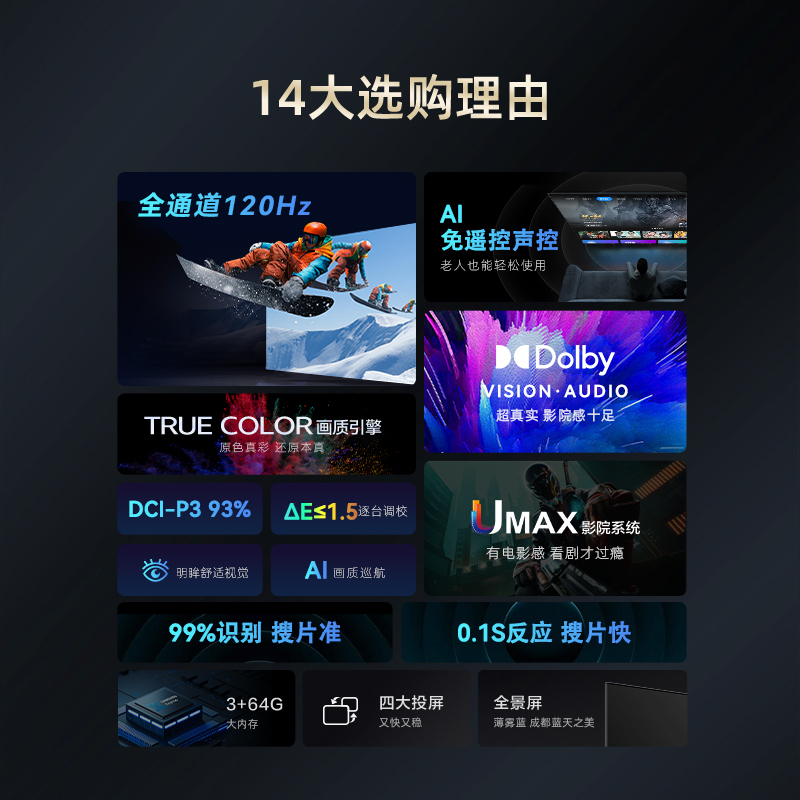 长虹85D6 85英寸 120Hz高刷DCI--P3 93%高色域 免遥控语音杜比视界3+64GB MEMC 4K电视