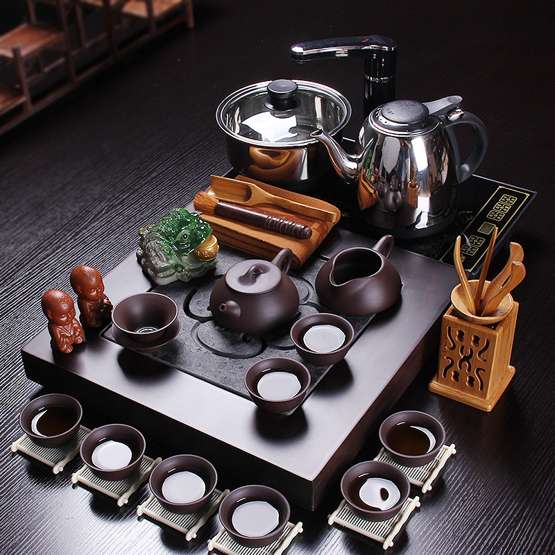 百鸿 整套紫砂茶具套装功夫茶具石瓢茶壶实木整块黑檀茶盘乌金石 黑檀36*36石瓢10头紫砂带电热炉套装