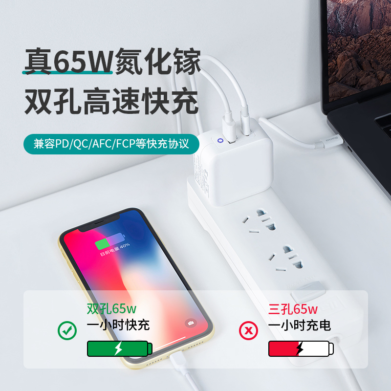 绿巨能65w充电器头氮化镓GaN快充头苹果11PD插头华为三星小米笔|白色【65W新升级】单孔快充★送2米原配PD线
