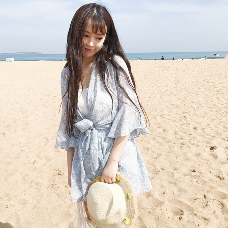 韩版时尚休闲套装夏装女装碎花防晒衣外套+雪纺裤+小带三件套潮 浅蓝色 均码