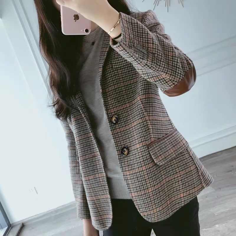 班俏BANQIAO格子小西装外套女2023春秋新款短款韩版大码复古女士西服上衣外套
