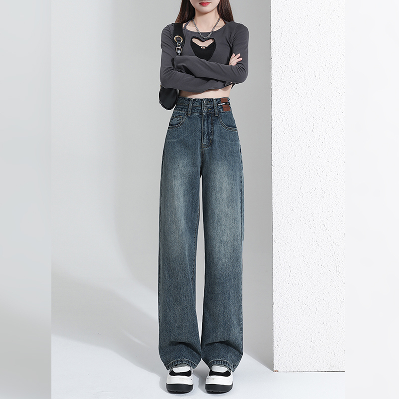 班俏banqiao直筒牛仔裤女春秋季2023年新款小个子复古高腰阔腿休闲裤