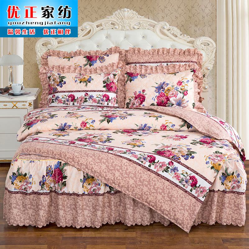 韩版床裙式四件套加厚 夹棉床罩磨毛4件套床套 被套1.8米2.0米床图片