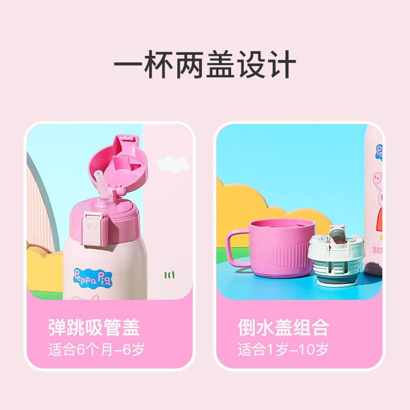 优选3D浮雕佩奇款杯具熊BEDDYBEAR儿童保温杯带吸管儿童水杯316不锈钢宝宝儿童保温壶600m高清大图