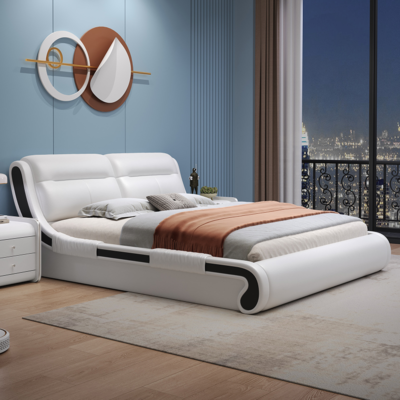 意式真皮床轻奢现代简约双人床北欧主卧榻榻米储物床家用软包婚床高清大图