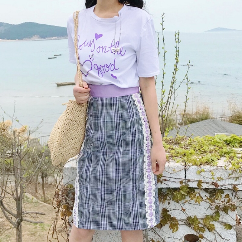 里小姐~韩版时尚休闲套装夏装甜美订珠紫色字母T恤+半身裙白T+格子裙