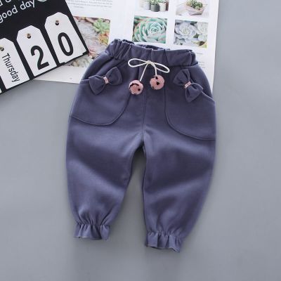 口袋双蝴蝶结加绒裤蓝色 80 (建议身高65-75cm左右) 质量保证女童休闲裤秋冬季外穿洋气小秋冬婴儿童装秋装加绒长裤