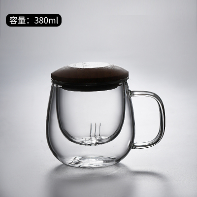 竹鼓盖(三件杯)款380ml+送杯垫 茶杯玻璃杯过滤家用带盖带把茶水分离泡茶杯男女透明花茶杯水杯子