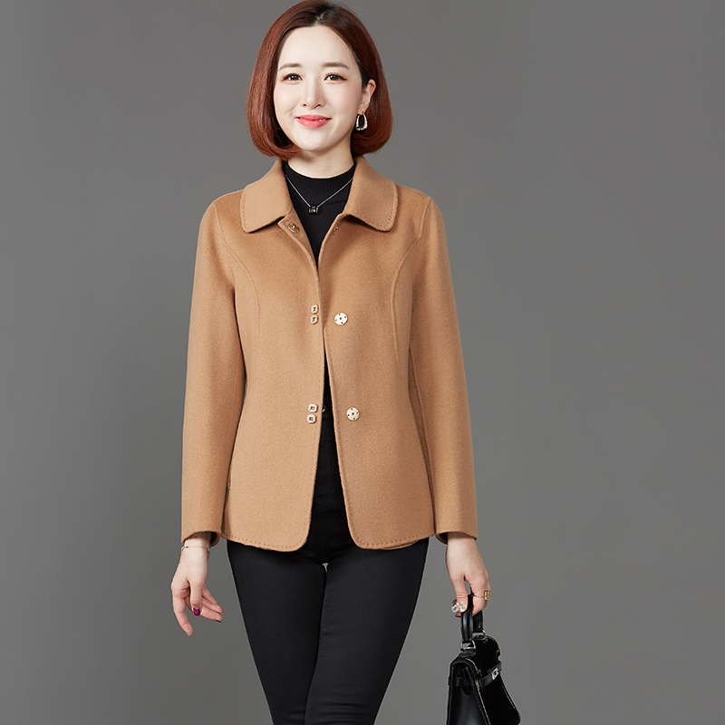 秋冬装中老年双面呢羊绒大衣女短款修身翻领气质妈妈羊毛呢外套