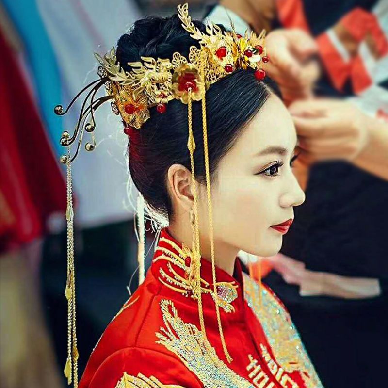 秀禾新娘古装头饰步摇流苏套装中式婚礼旗袍秀禾服古风凤冠发饰女d