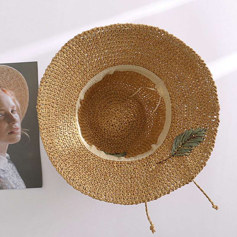 拉菲草帽子女遮阳帽韩版潮夏天防晒帽沙滩百搭太阳帽手工树叶细绳草帽