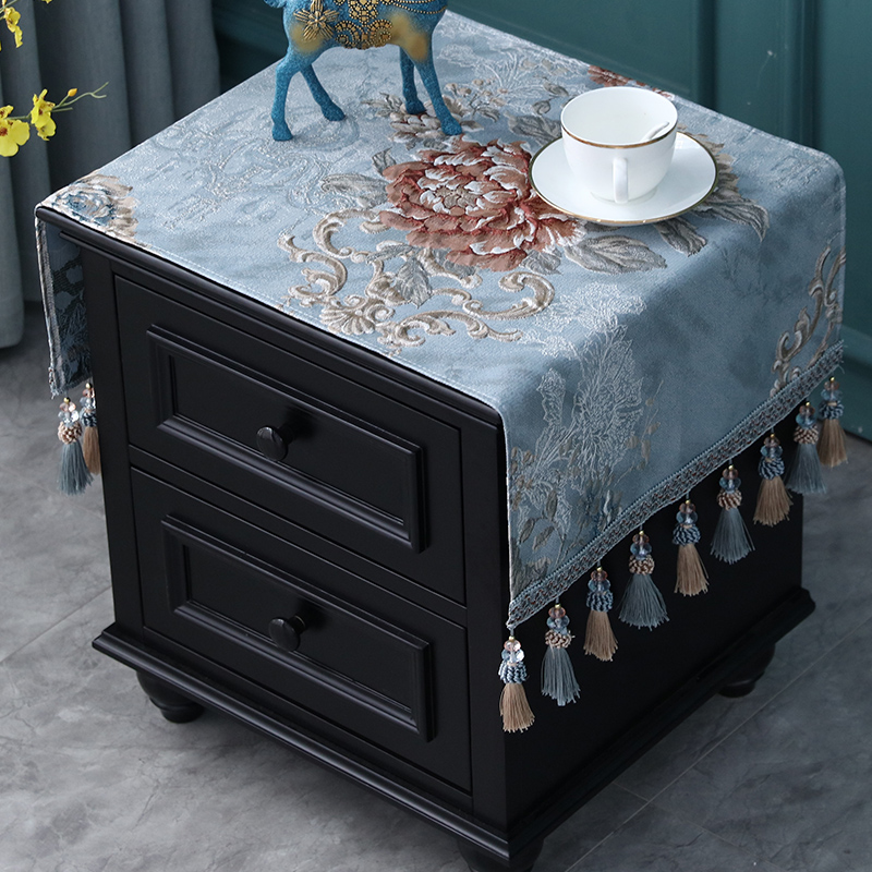 欧式床头柜盖布布艺套罩长方形雪尼尔酒柜鞋柜绣花小桌布家用 雪莉尔米色(吊穗款)床头柜盖布 40*90(含吊穗尺寸在内)高清大图