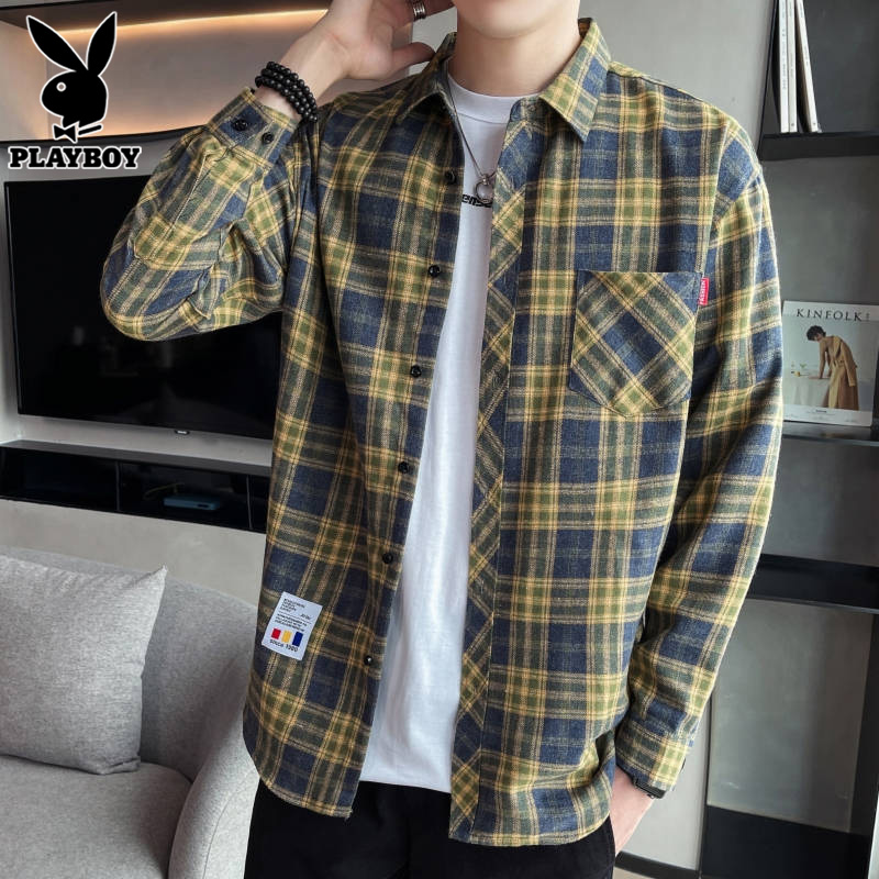 花花公子格子长袖衬衫男士衬衣2025年春季新款宽松百搭寸衫外套公高清大图