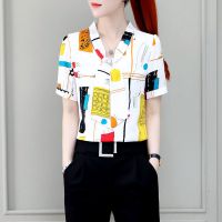 短袖衬衫女士2022年新款夏装洋气时尚上衣女式遮肚子雪纺小衫夏季 白黄 M