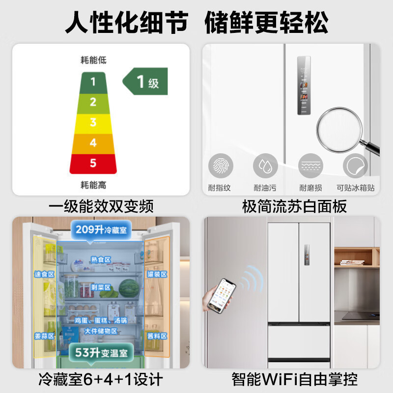 [官方正品]美的400升四开门超薄嵌系列嵌入式双变频一级能效风冷大容量白色冰箱 MR-420WUFPZE以旧换新