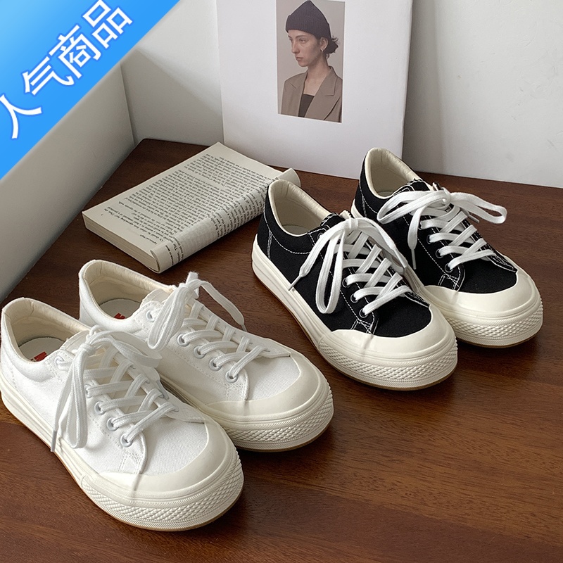 SUNTEK厚底小白鞋女2023新款百搭大头鞋白色帆布鞋女夏季设计感小众板鞋高清大图