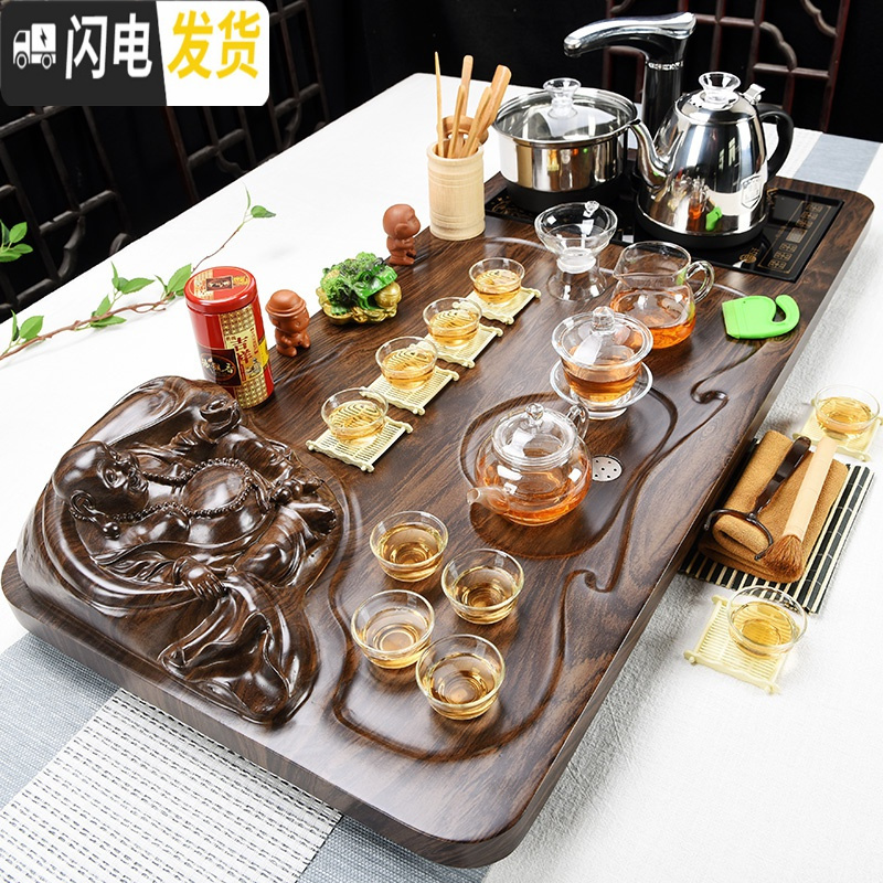 三维工匠功夫茶具套装简约家用整套陶瓷茶杯茶海全自动茶台茶道实木茶盘 2立体貔貅+山水+黑色送桶