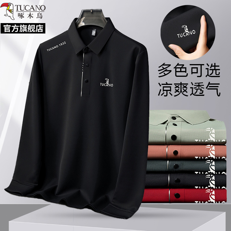 啄木鸟官方旗舰店长袖t恤男爸爸2025新款春装冰丝polo衫中年爸木高清大图