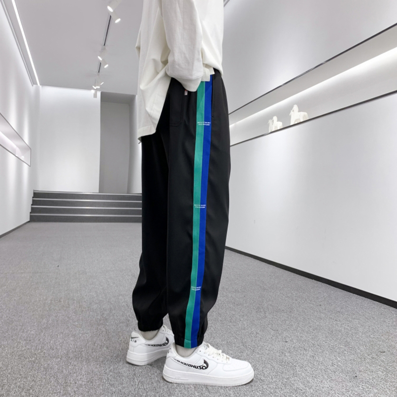 蓝缕金(LANLVJIN)男士休闲裤春秋季2021新品松紧系带束脚裤青少年拼色印花宽松运动裤韩版休闲学生男裤子