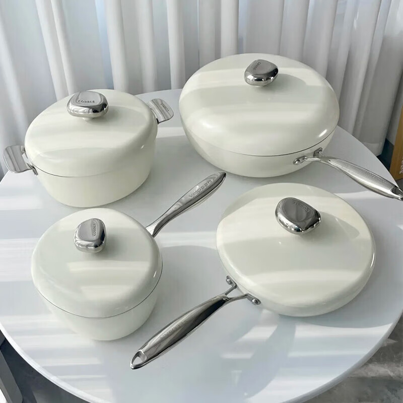 温仑山鹅卵石炒锅不粘锅炒菜锅麦饭石铁锅锅具套装炒煎汤奶四件套VE035 白