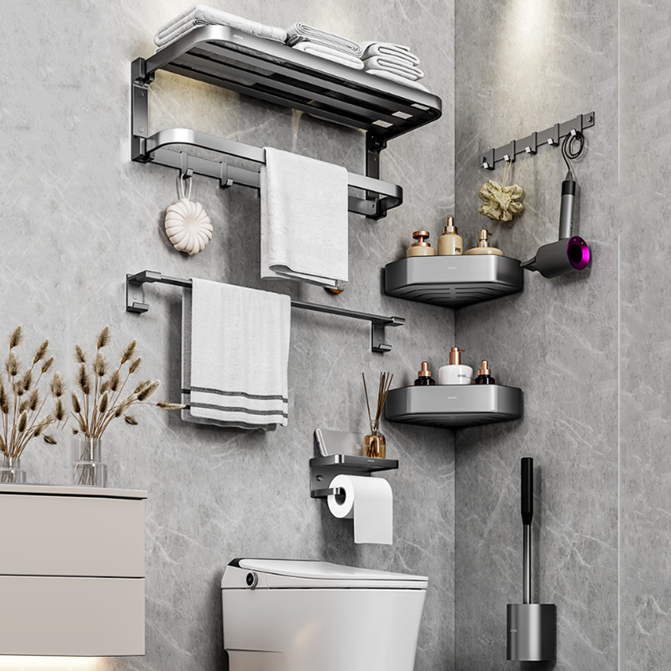 九牧(JOMOO)卫浴挂件套装枪灰色太空铝浴巾架毛巾架置物架套装家用卫生间挂件93066高清大图