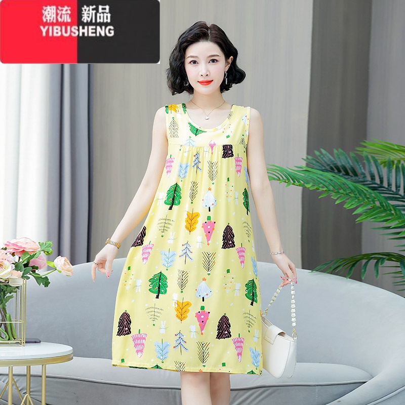 YIBUSHENG装新款无袖睡裙中年妈妈装季睡衣过膝裙子女透气棉绸舒适睡裙 3号色黄色小树 3XL建议125-140斤