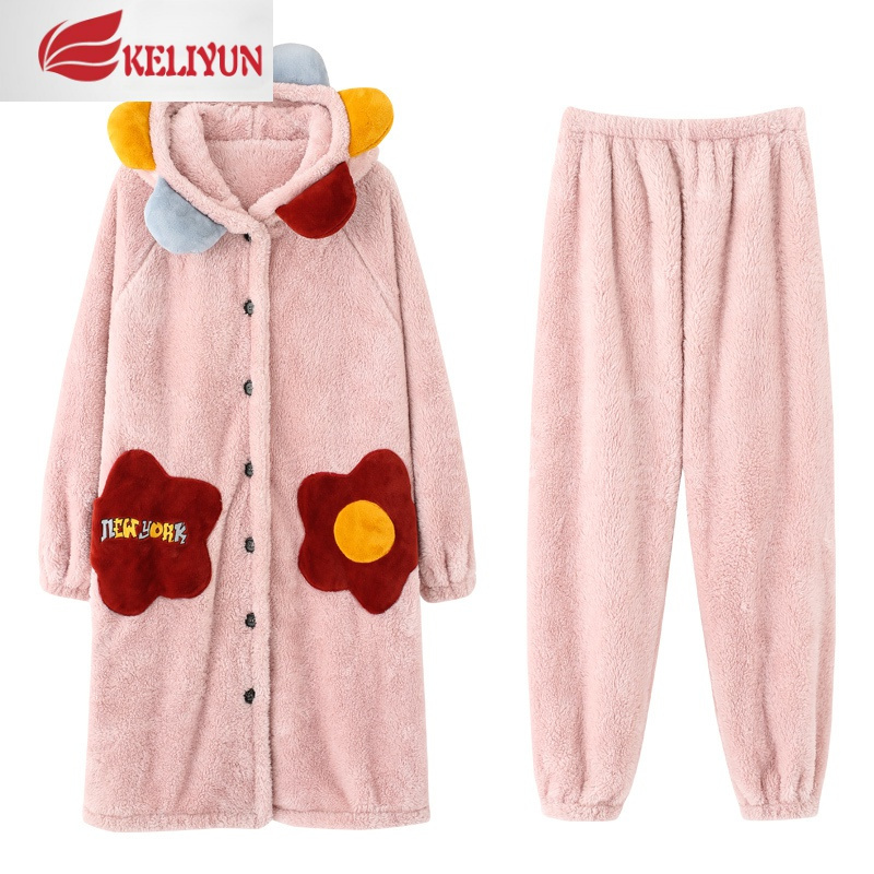 可莉允珊瑚绒睡衣女秋冬季加厚加绒长款睡袍法兰绒家居服浴袍2021年新款睡衣