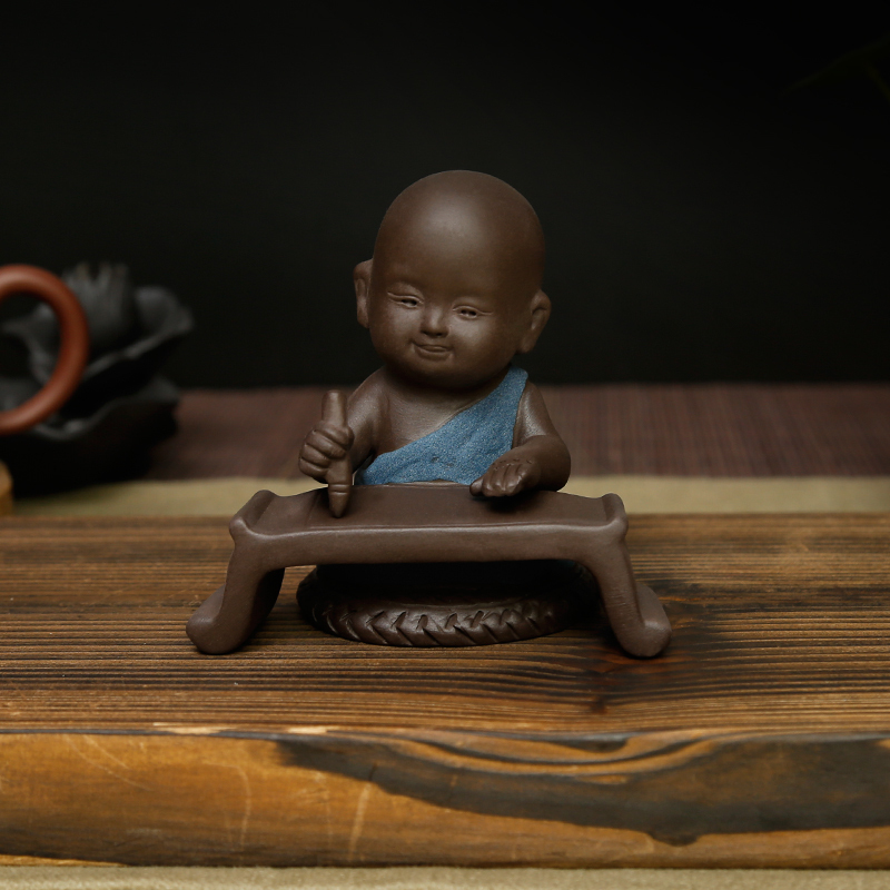 常生源 彩砂陶茶宠摆件可养小和尚茶道摆件配件 琴棋书画茶宠