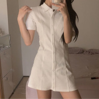 纯欲风韩系Polo领连衣裙女装夏季新款设计感收腰a字T恤裙短裙 S 白色