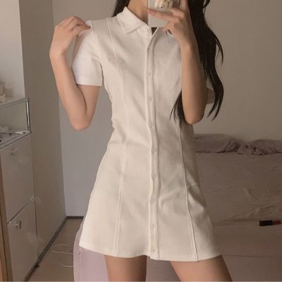 纯欲风韩系Polo领连衣裙女装夏季新款设计感收腰a字T恤裙短裙 XL 白色