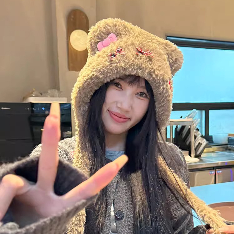 冬季加厚加绒显脸小保暖护耳帽 女士-棕色成人帽高清大图